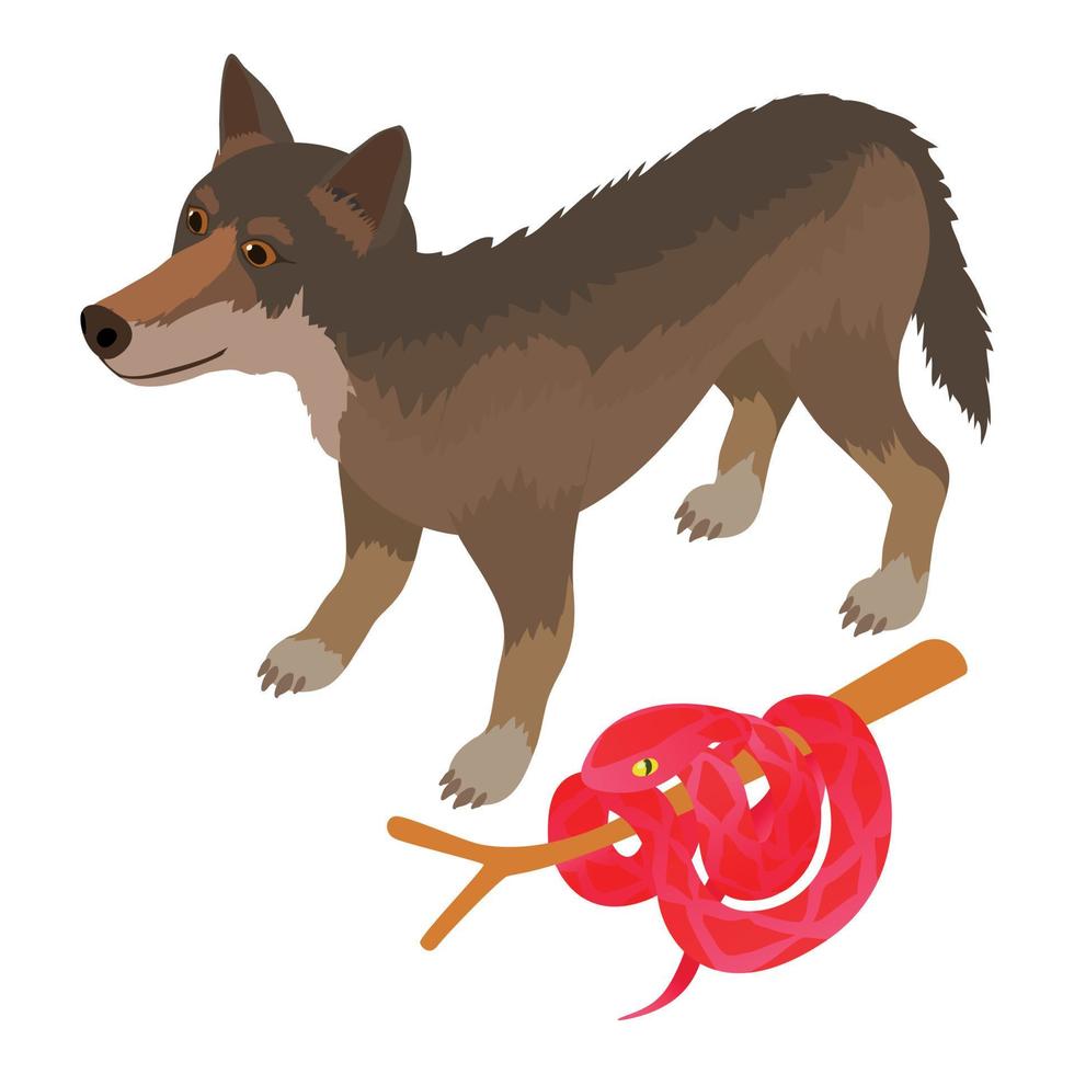 Wild world icon isometric vector. Grey wolf animal and red cobra on branch icon vector