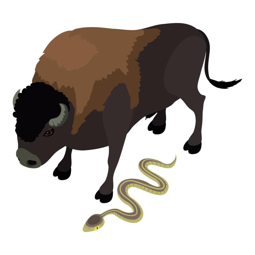 Animal icon isometric vector. Huge brown bison near crawling gray snake icon vector
