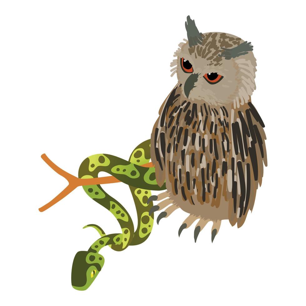 Animal world icon isometric vector. Eagle owl near tree python on branch icon vector