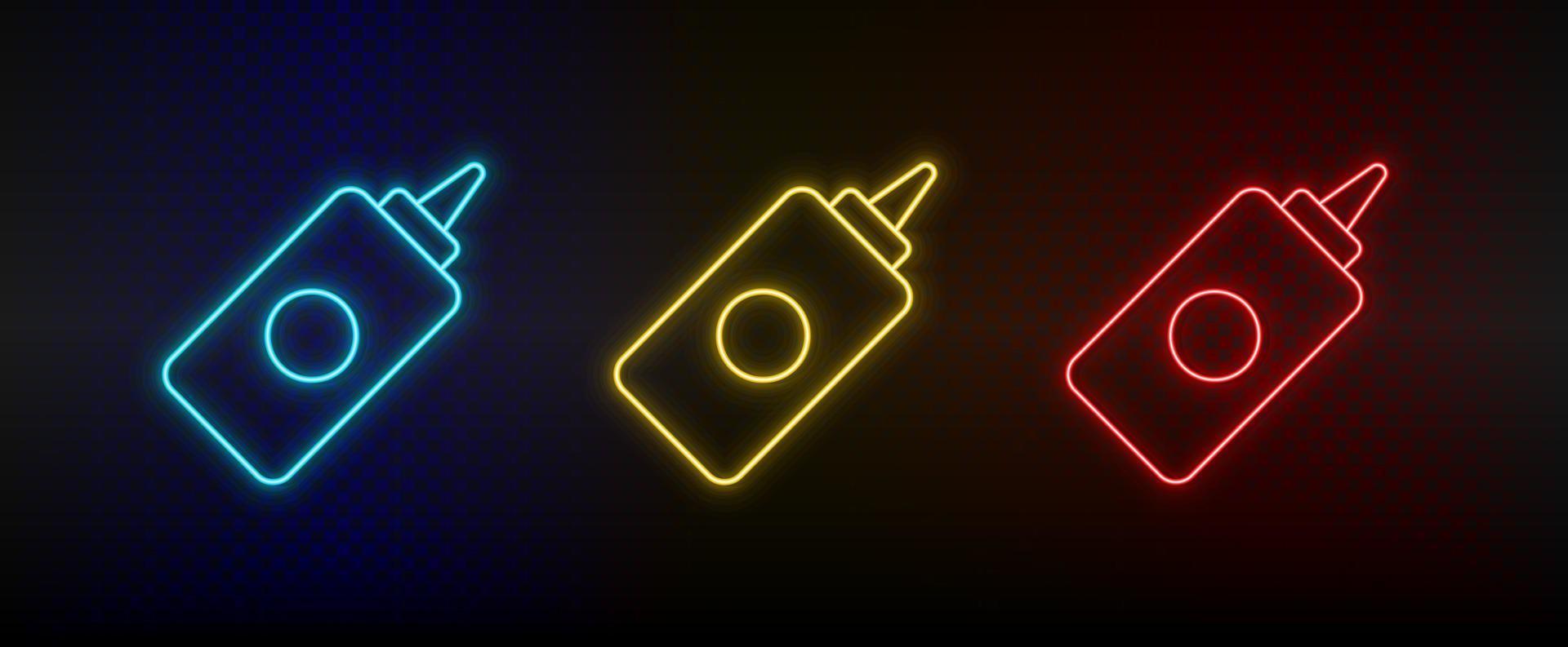 Neon icon set catsup, ketchup. Set of red, blue, yellow neon vector icon on dark background