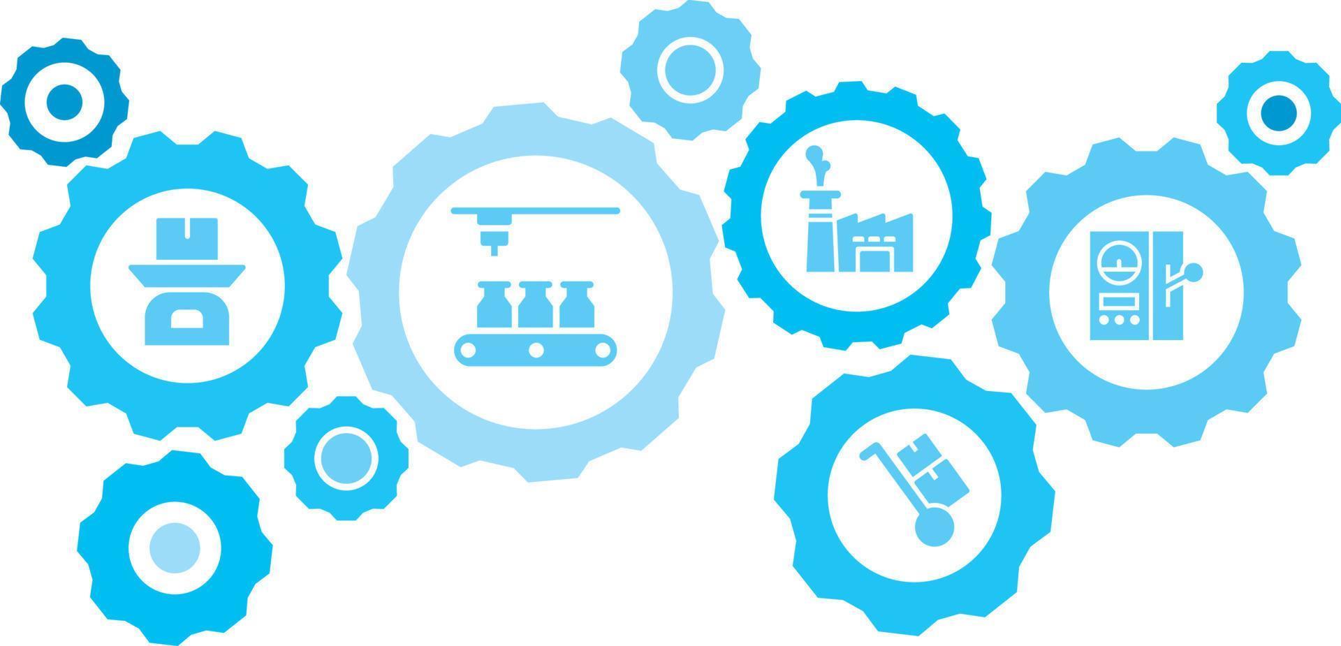 Connected gears and vector icons for logistic, service, shipping, distribution, transport, market, communicate concepts. Mass, production, control panel gear blue icon set on white background