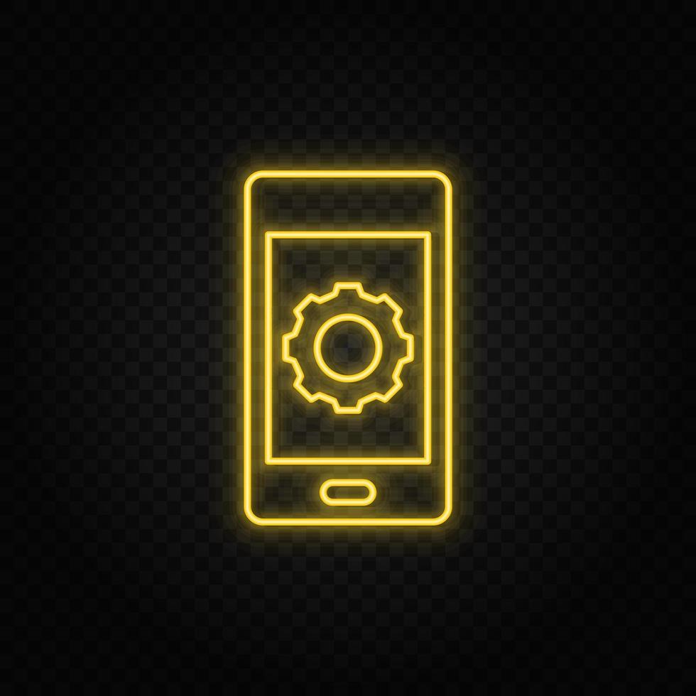 Yellow neon icon phone, settings. Transparent background. Yellow neon vector icon on dark background