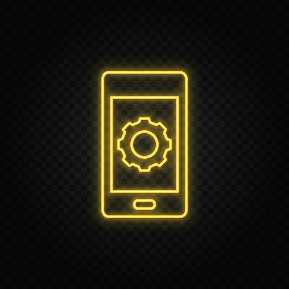 Yellow neon icon phone, settings. Transparent background. Yellow neon vector icon on dark background