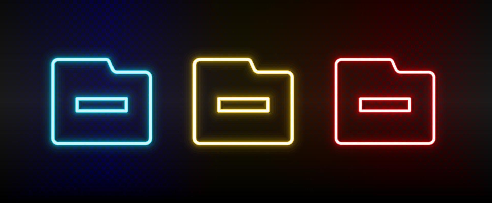 delete, folder neon icon set. Set of red, blue, yellow neon vector icon on dark transparent background