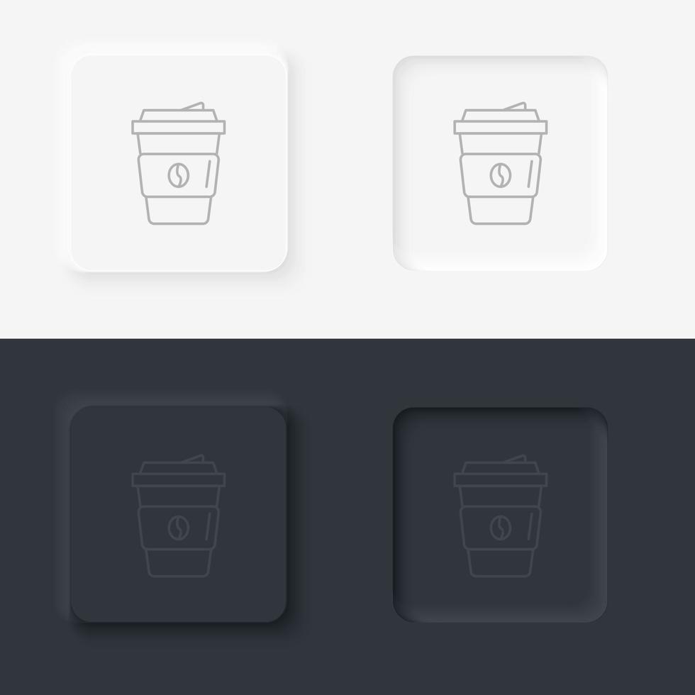 neumorfo estilo negro y blanco conjunto comida y bebida vector icono. tomar lejos café taza icono, desechable el plastico o poliestireno bebida firmar icono conjunto