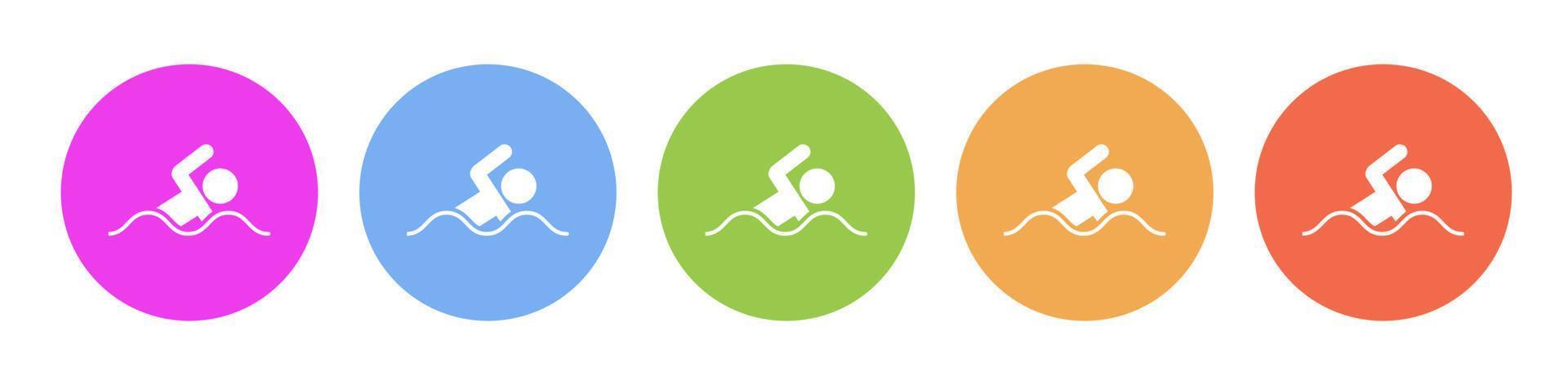 Multi colored flat icons on round backgrounds. Swim, man multicolor circle vector icon on white background