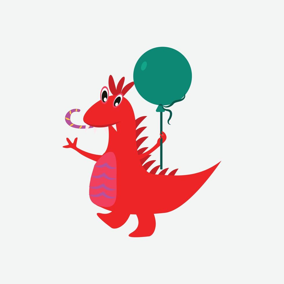 Funny cartoon, cute dinosaur with balloons Card. vector