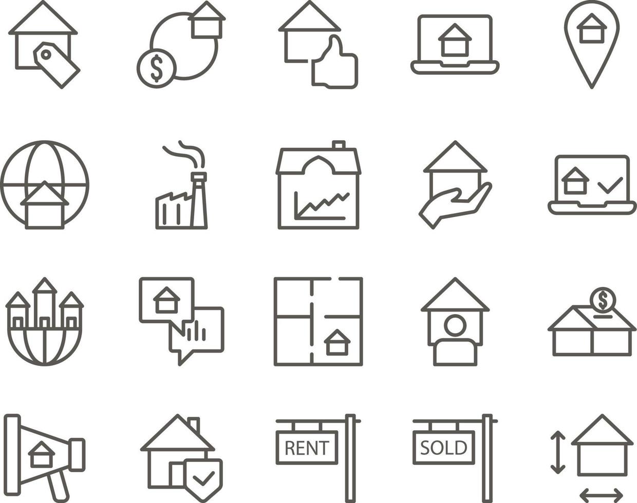 house, measurement, size set vector icons. Real estate icon set. Simple Set of Real Estate Related Vector Line Icons. Contains such Icons as Map, Plan, Bedrooms on white background