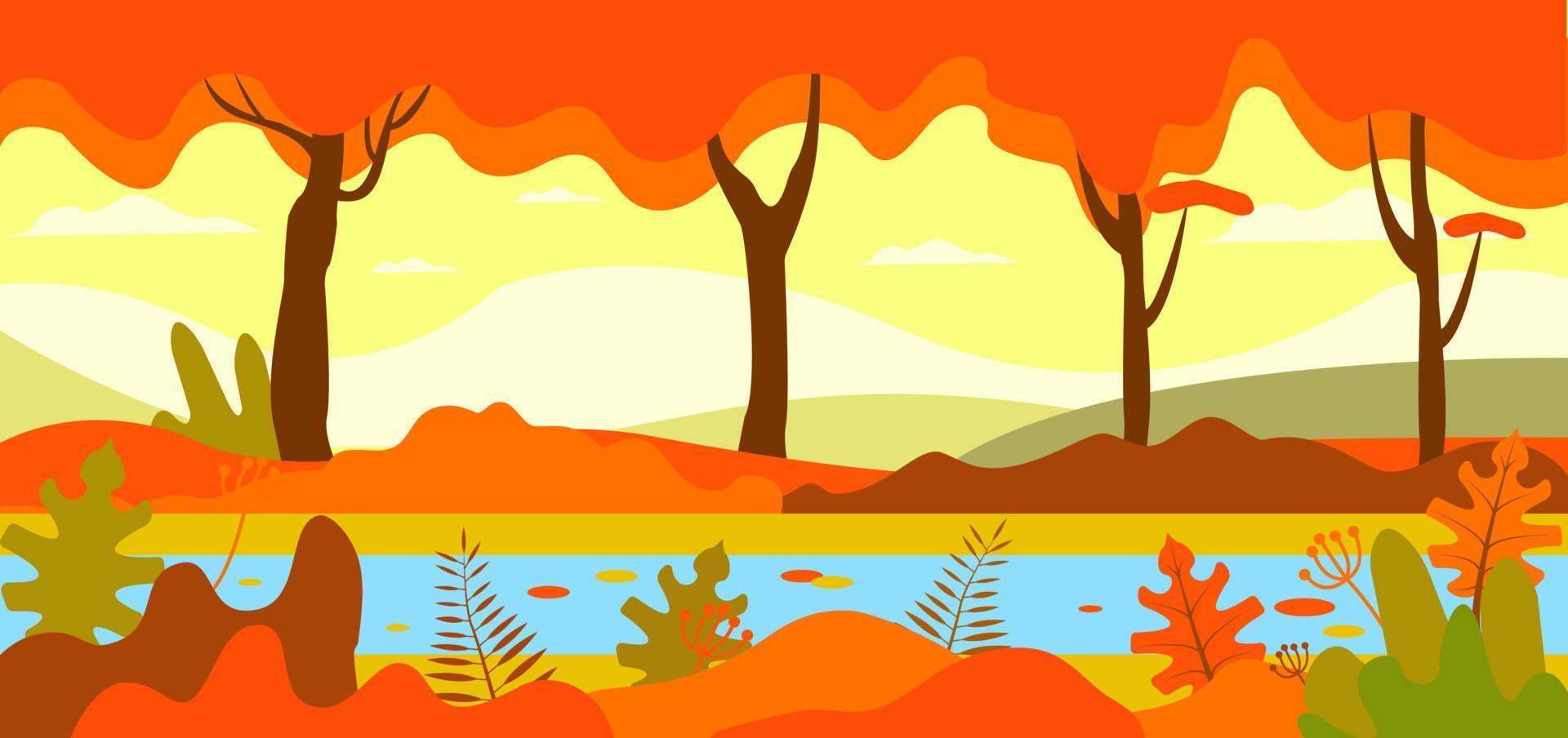 Autumn forest. Autumnal nature landscape, yellow forests trees and woodland fall leaves. October foliage fall autumnal scene, september park tree and river cartoon vector illustration