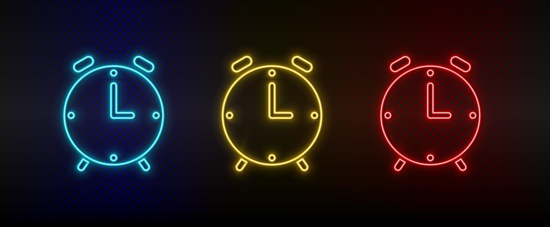 Neon icon set alarm, clock. Set of red, blue, yellow neon vector icon on dark transparent background