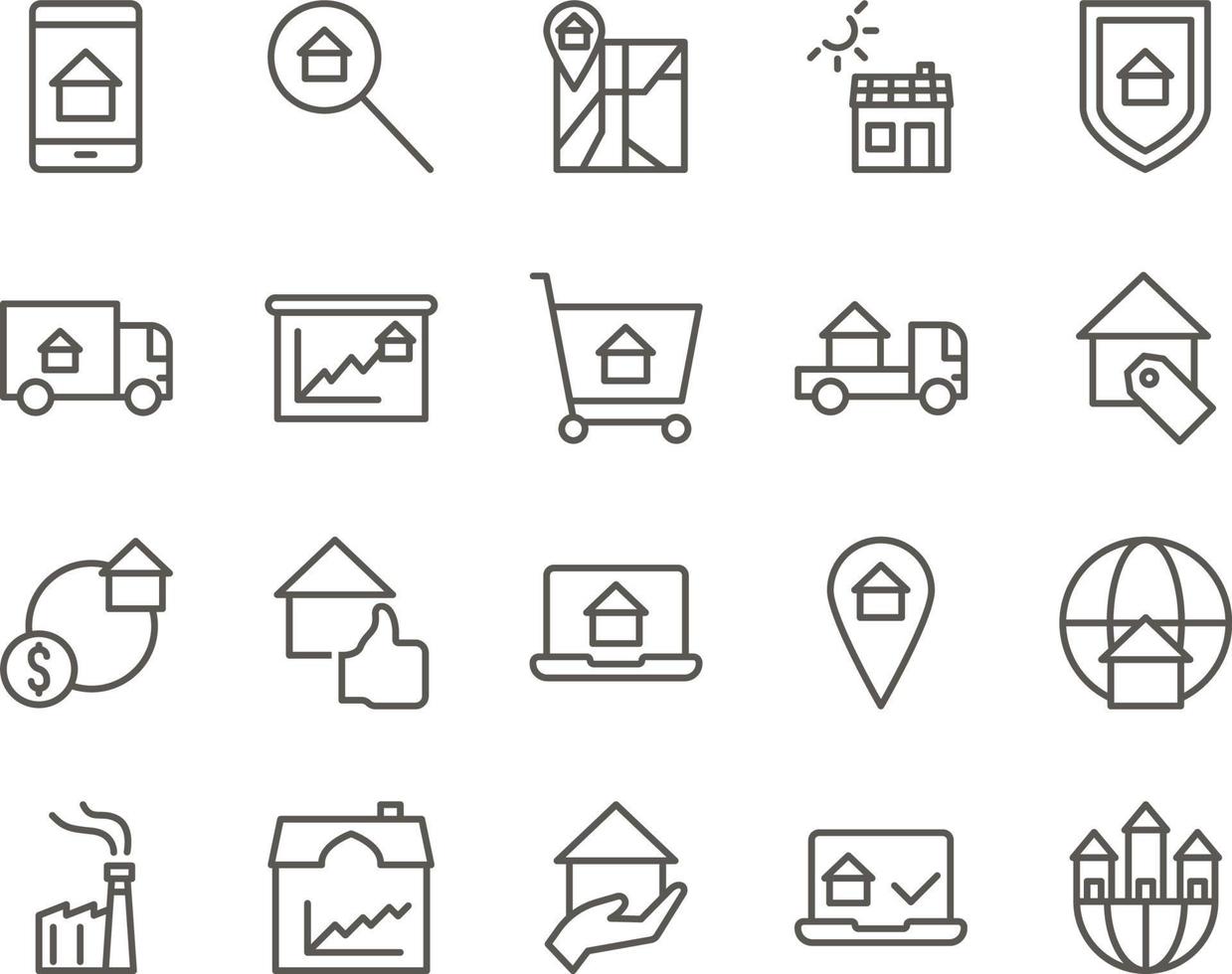 building, company, global set vector icons. Real estate icon set. Simple Set of Real Estate Related Vector Line Icons. Contains such Icons as Map, Plan, Bedrooms on white background