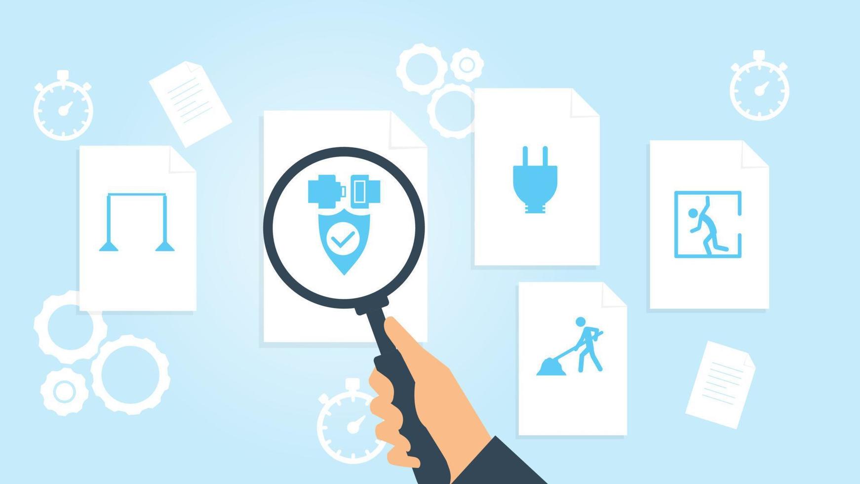Document with search icons. File and magnifying glass. Analytics research sign. Vector Illustrationclaustrophobia, man file, document research vector illustration .
