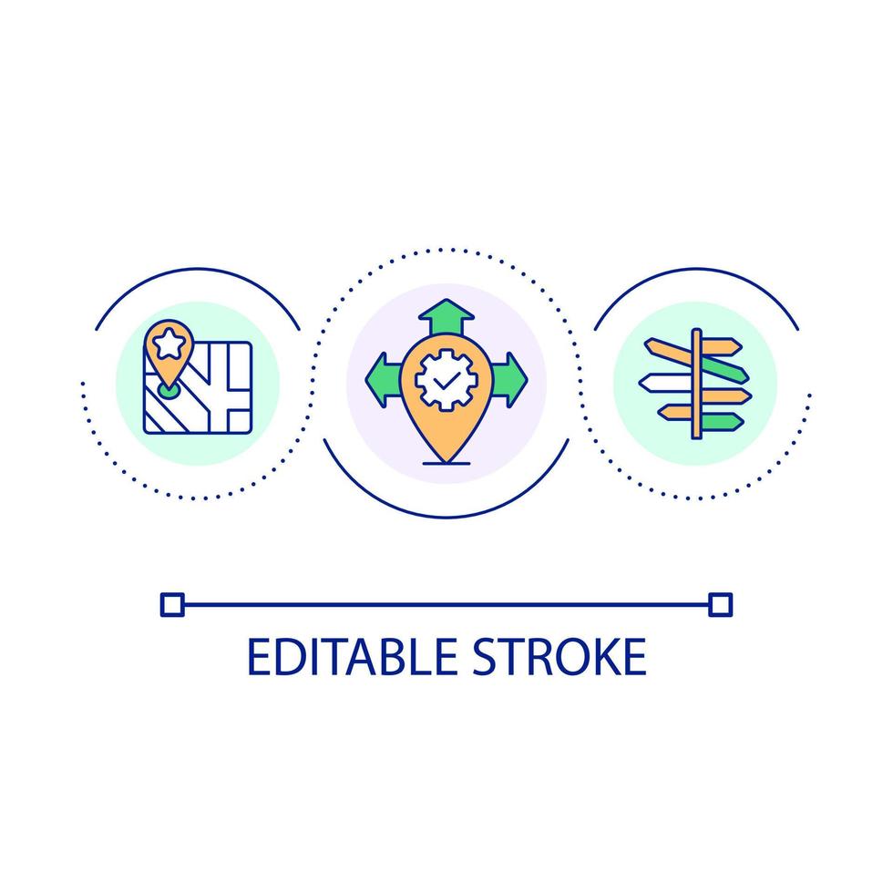 Finding route loop concept icon. Choosing direction. Determine location. Road signs. Navigation abstract idea thin line illustration. Isolated outline drawing. Editable stroke vector