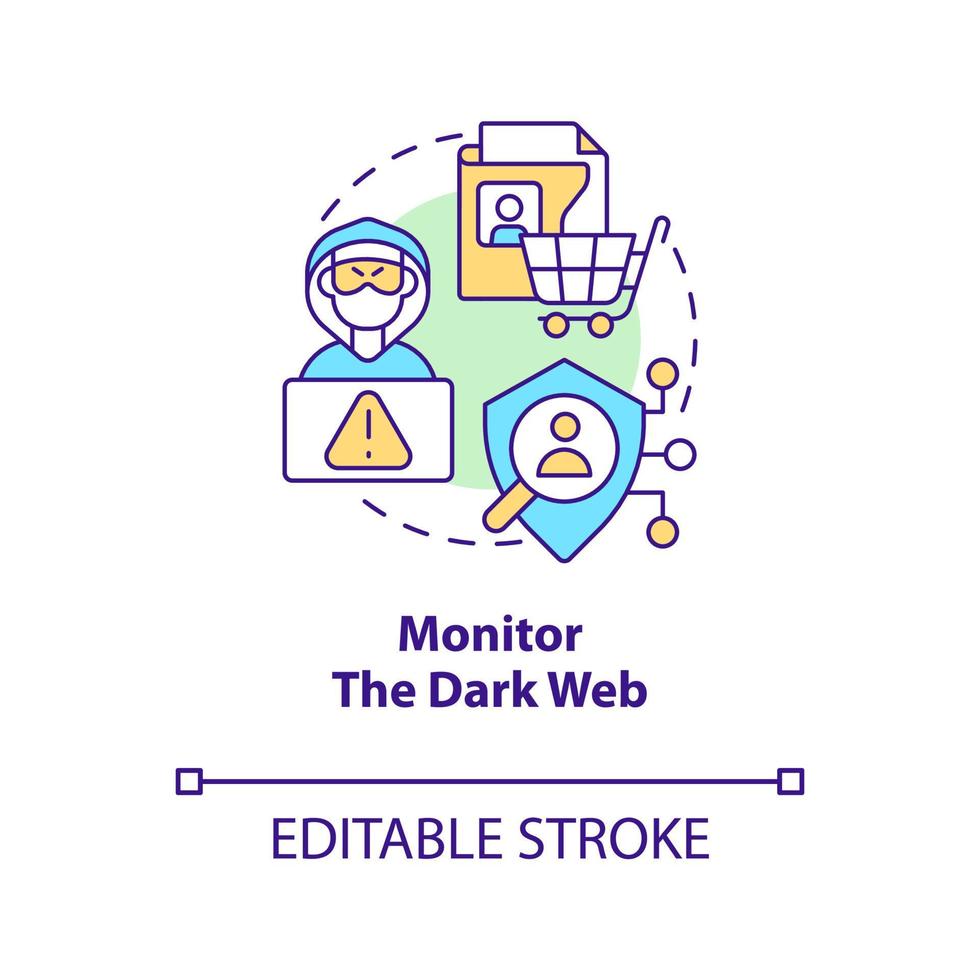 Monitor dark web concept icon. Check personal exposed data. Prevent cybercrime abstract idea thin line illustration. Isolated outline drawing. Editable stroke vector