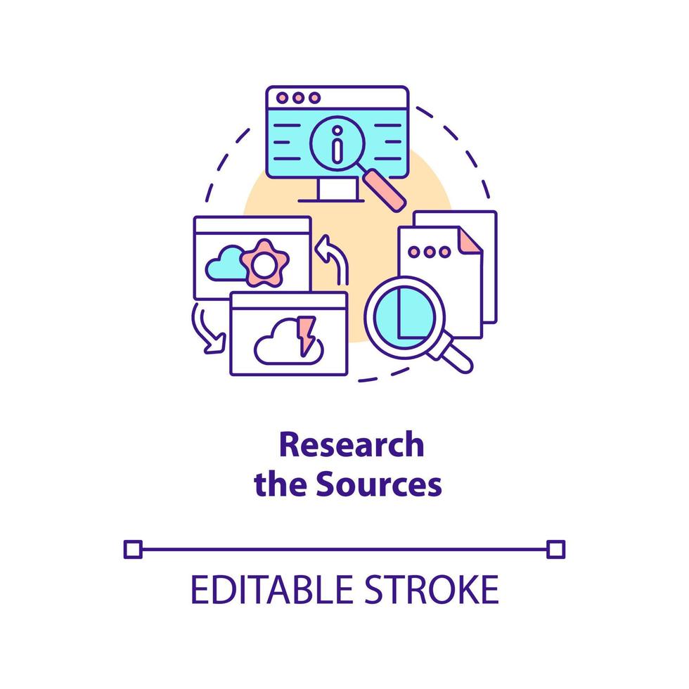 Research sources concept icon. Check information in Internet. Digital protection tip abstract idea thin line illustration. Isolated outline drawing. Editable stroke vector