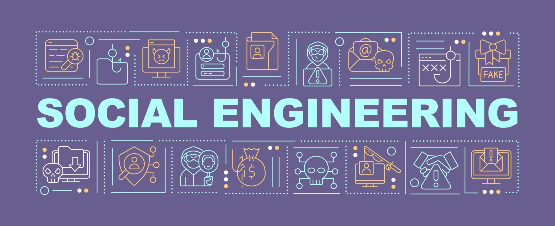 Social engineering word concepts violet banner. Hacking attacks. Infographics with editable icons on color background. Isolated typography. Vector illustration with text