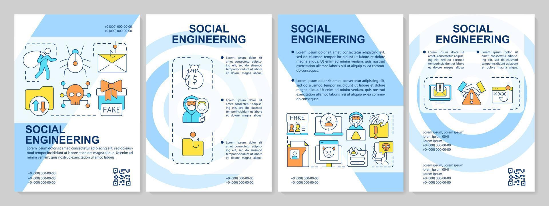 Social engineering attacks blue brochure template. Cybercrime. Leaflet design with linear icons. Editable 4 vector layouts for presentation, annual reports