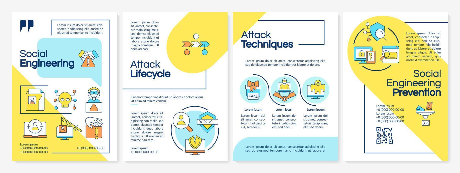 Social engineering blue and yellow brochure template. Cybercrime. Leaflet design with linear icons. Editable 4 vector layouts for presentation, annual reports