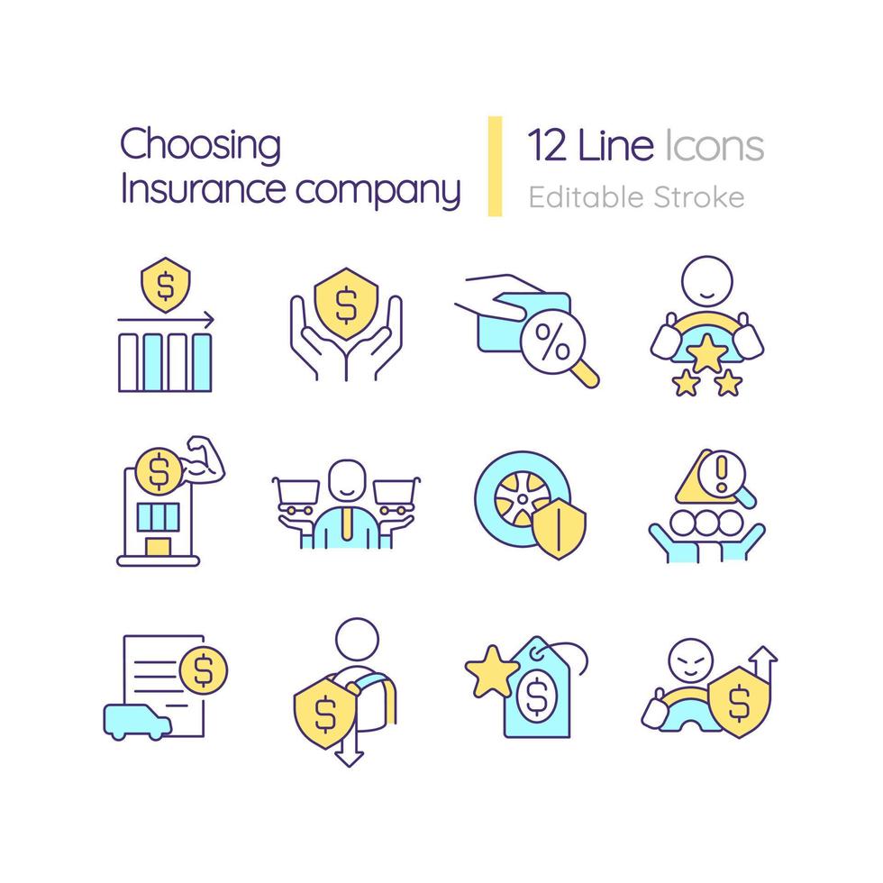 Choosing insurance company RGB color icons set. Policyholders pros. Coverage service. Isolated vector illustrations. Simple filled line drawings collection. Editable stroke