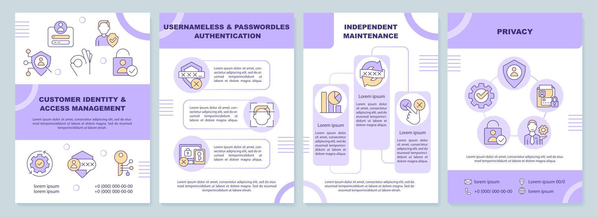 Client identity access and management purple brochure template. Leaflet design with linear icons. Editable 4 vector layouts for presentation, annual reports