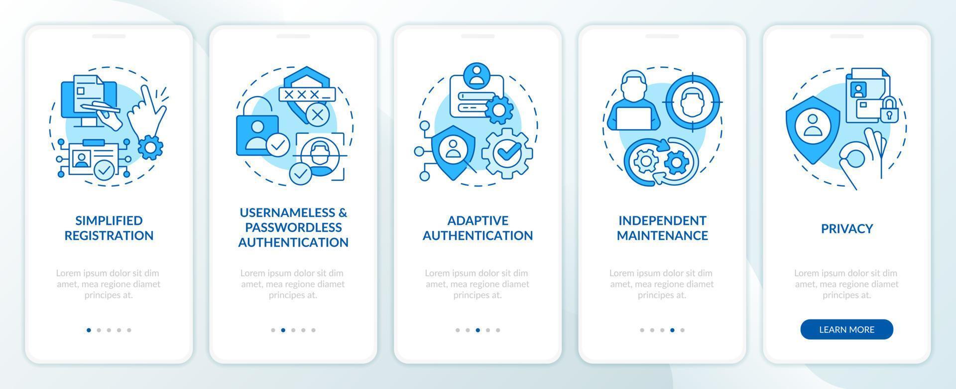 Involving CIAM advantages blue onboarding mobile app screen. Walkthrough 5 steps editable graphic instructions with linear concepts. UI, UX, GUI template vector