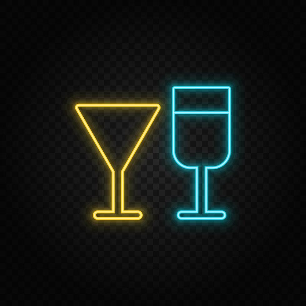 Wine glasses. Blue and yellow neon vector icon. Transparent background.
