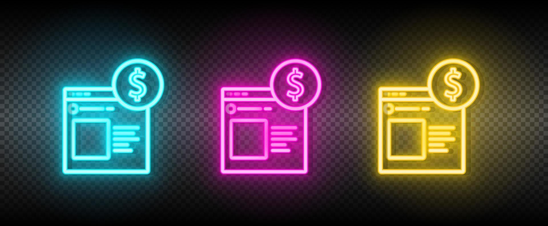 Online banking, money neon icon set. Media marketing vector illustration neon blue, yellow, red icon set