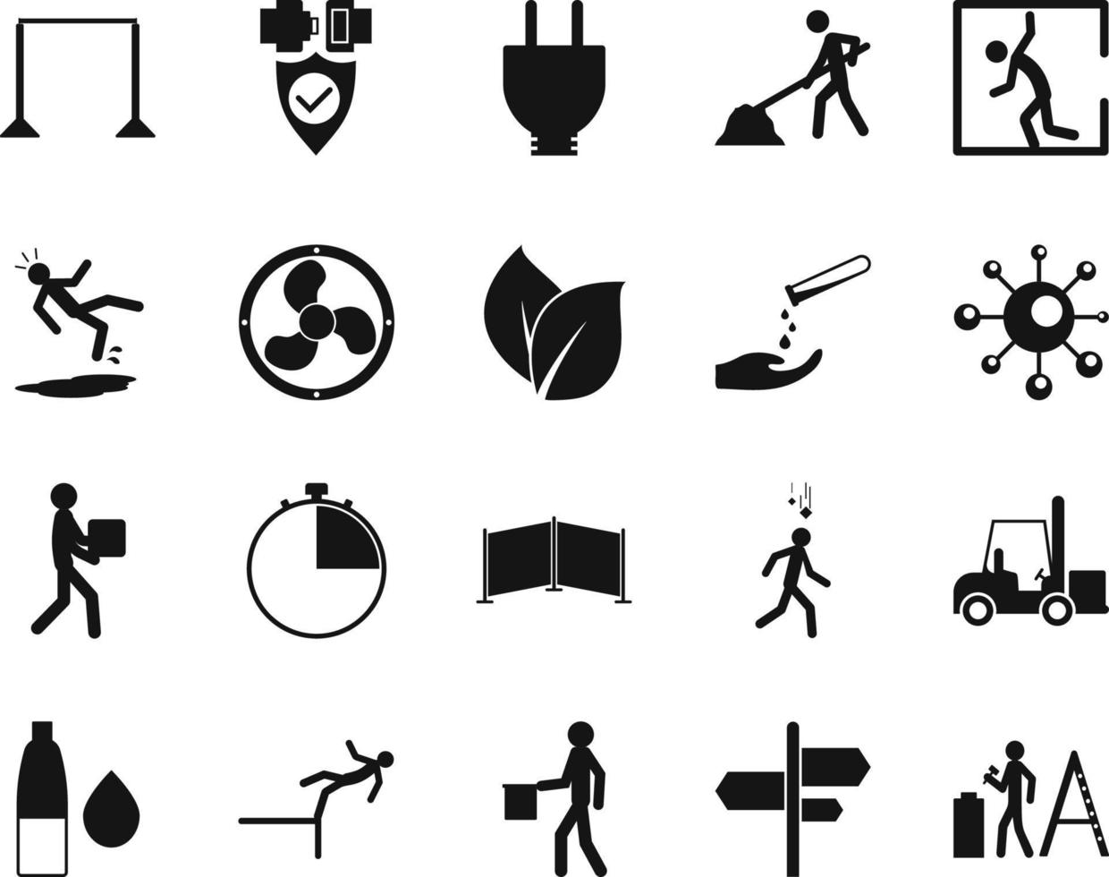 HSE concept, occupational safety and health human, worker, repair, production factory and environment, labor preventive instructions, worker protection vector icon set on white background