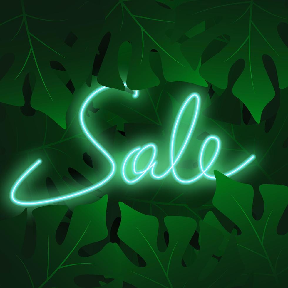 Sale banner with tropical leaves on night sky. Neon bright illustration with flashlight on dark green background vector