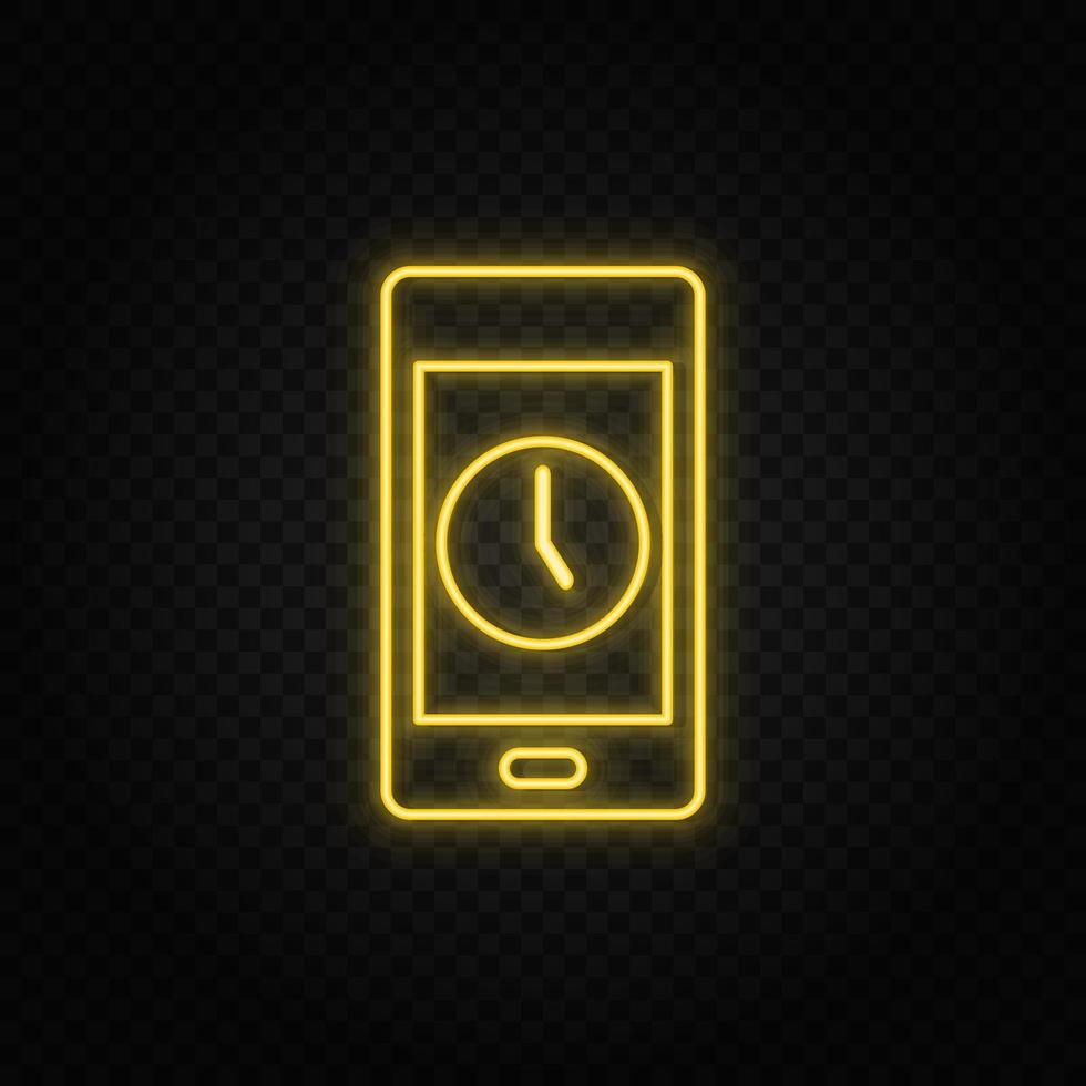 Yellow neon icon phone, clock, time. Transparent background. Yellow neon vector icon on dark background
