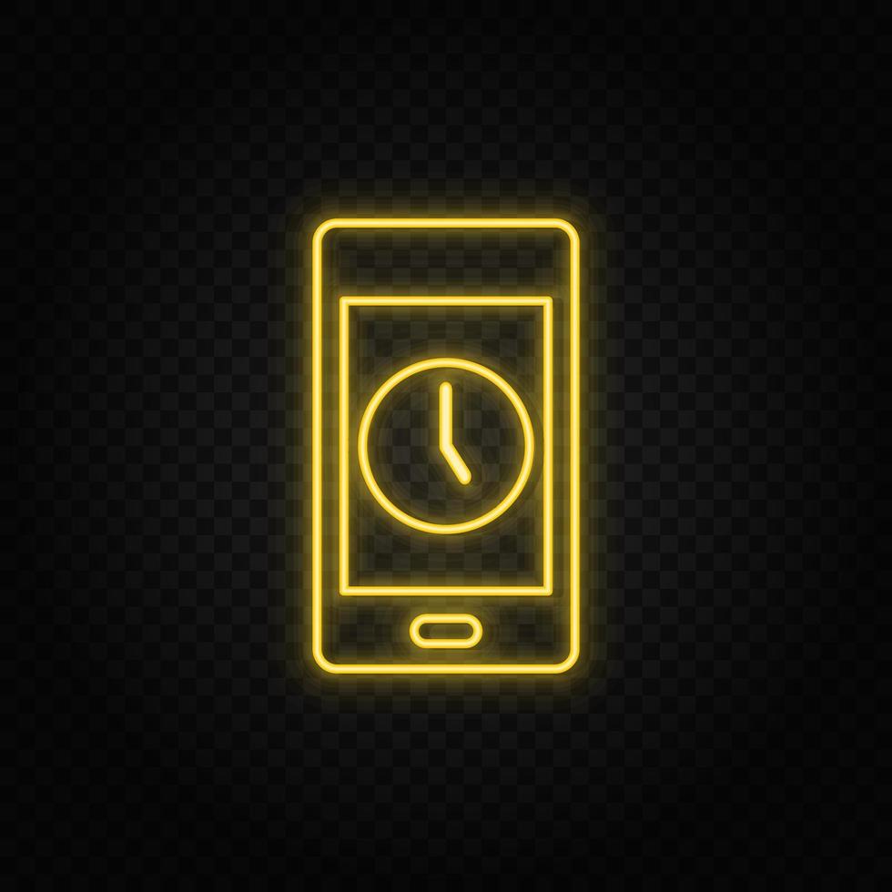 amarillo neón icono teléfono, reloj, tiempo. transparente antecedentes. amarillo neón vector icono en oscuro antecedentes