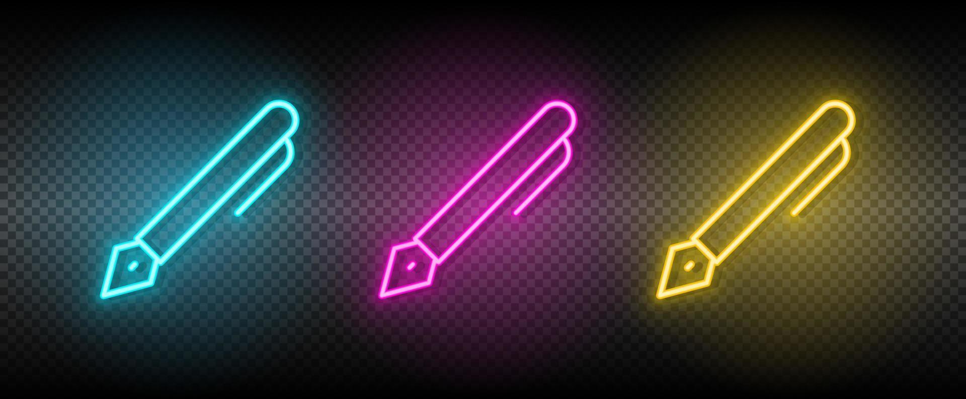 pen vector icon yellow, pink, blue neon set. Tools vector icon on dark transparency background