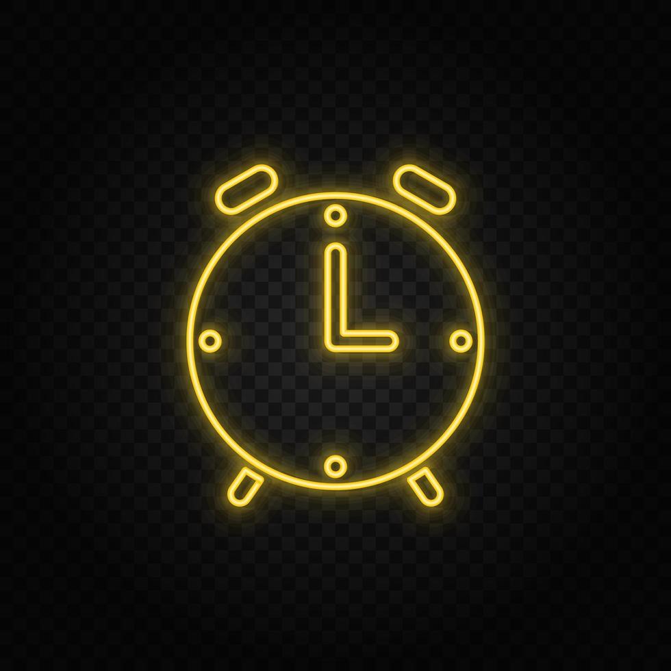 alarm, clock yellow neon icon .Transparent background. Yellow neon vector icon on dark background