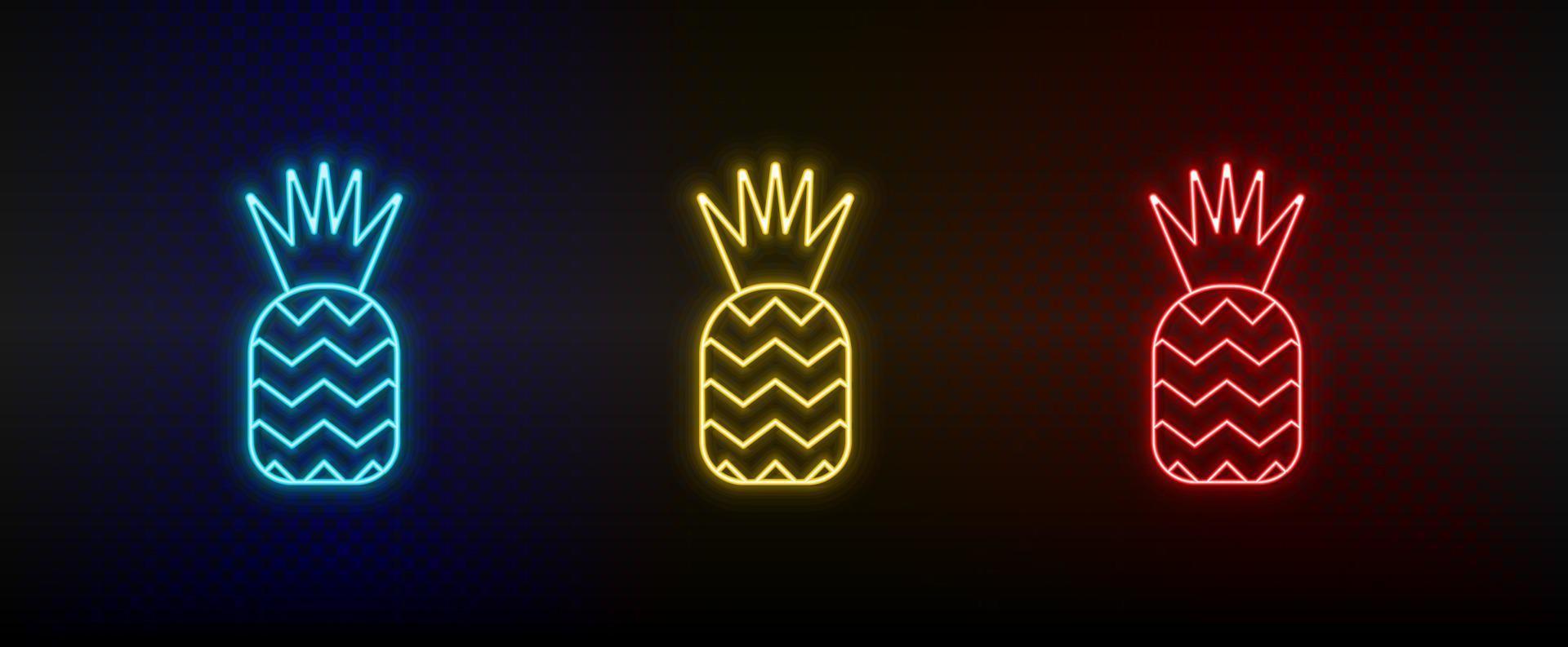 Neon icon set ananas. Set of red, blue, yellow neon vector icon on dark background