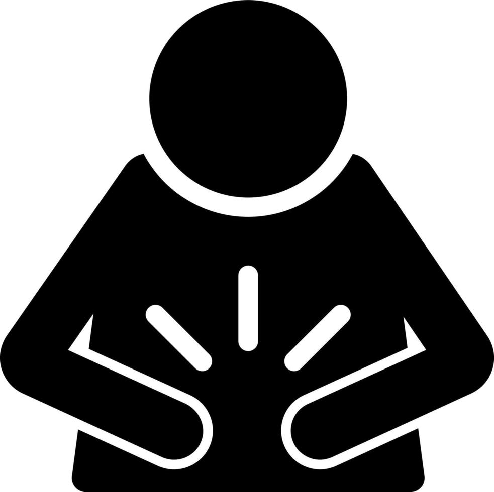 Indigestion glyph icon. Upset stomach. Stomachache. Digestive disorder. Irritable bowel. Stress symptoms. Diarrhea, bloating, nausea, abdominal pain. Silhouette symbol. Vector isolated illustration.