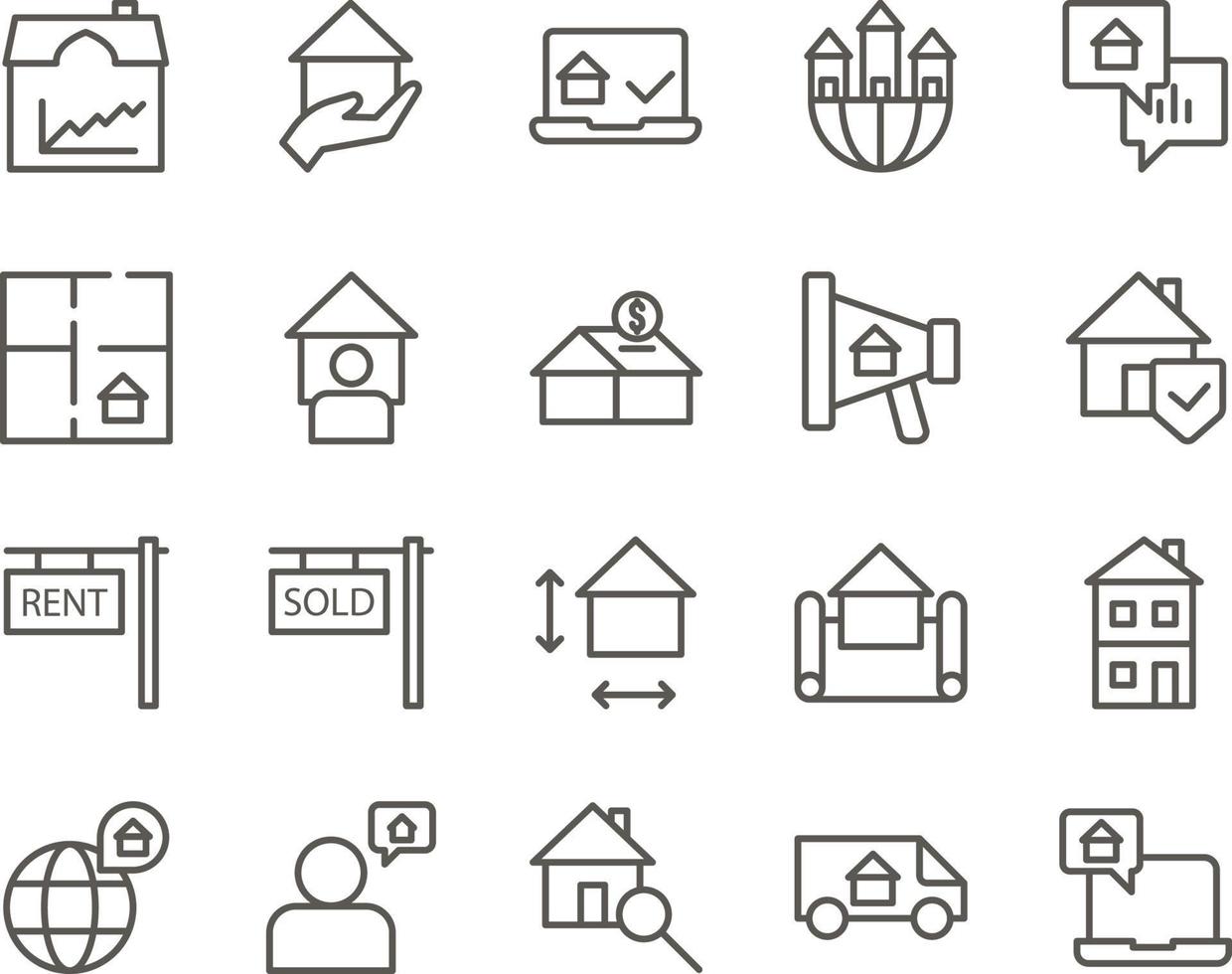 chat, dialogue, house set vector icons. Real estate icon set. Simple Set of Real Estate Related Vector Line Icons. Contains such Icons as Map, Plan, Bedrooms on white background