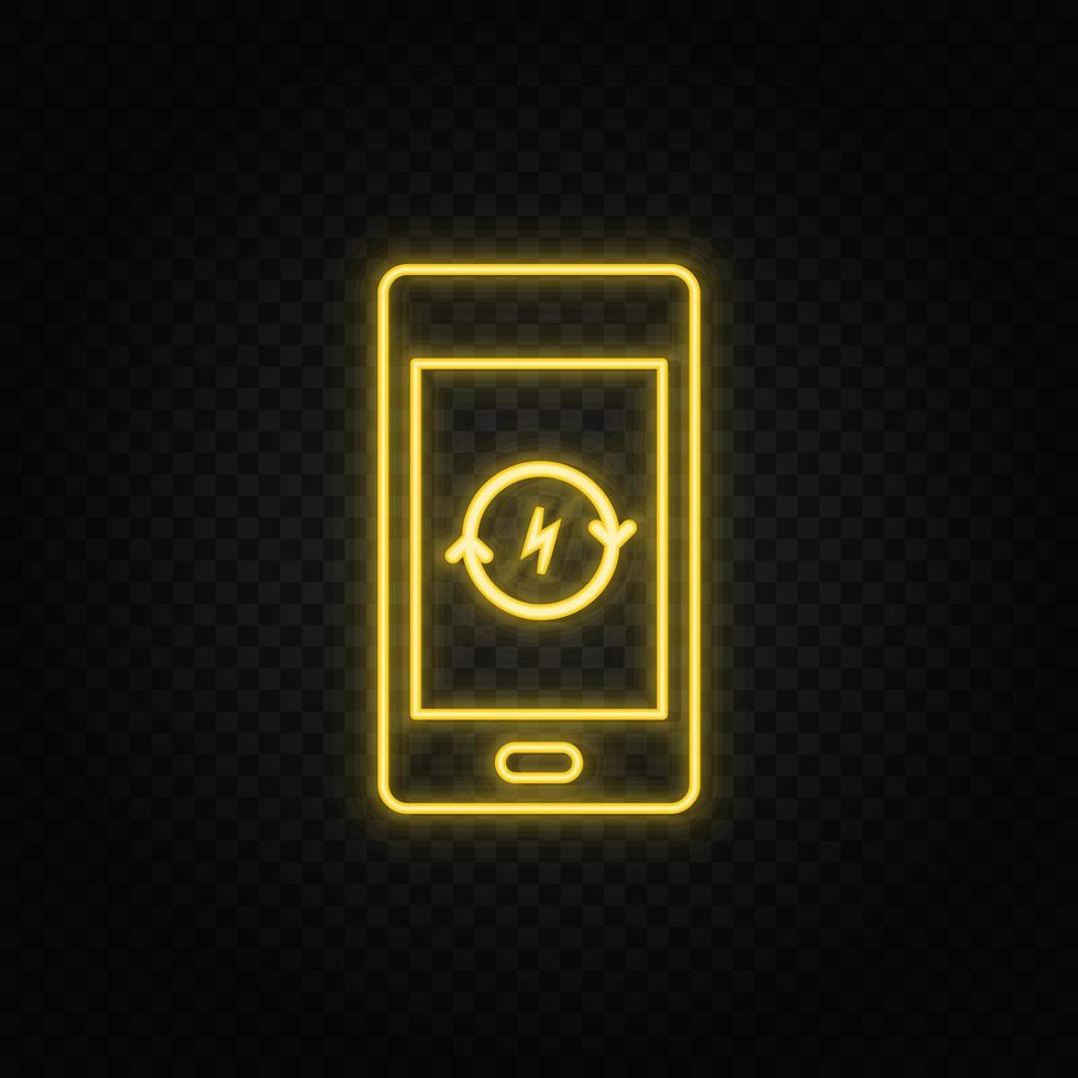 Yellow neon icon flash, charging, refresh. Transparent background. Yellow neon vector icon on dark background