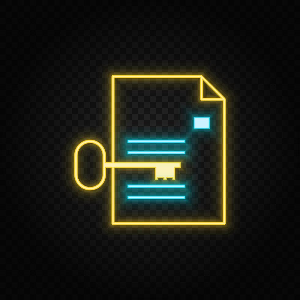 a4, folder, key neon vector icon. Blue and yellow neon vector icon. Vector transparent background