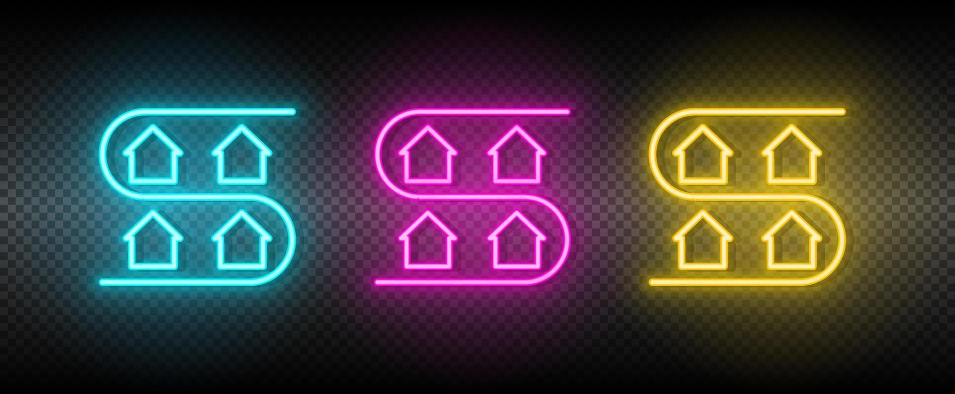 Real estate vector address, district, house, neighborhood. Illustration neon blue, yellow, red icon set