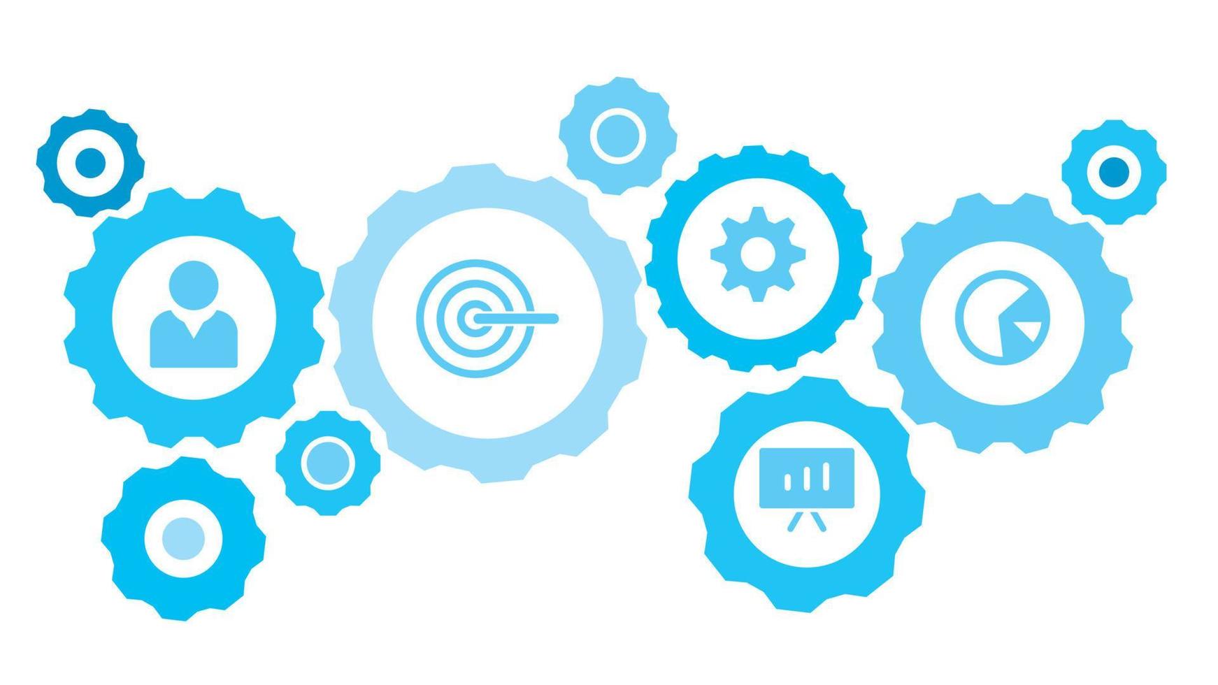 Connected gears and vector icons for logistic, service, shipping, distribution, transport, market, communicate concepts. analytics, circle gear blue icon set on white background
