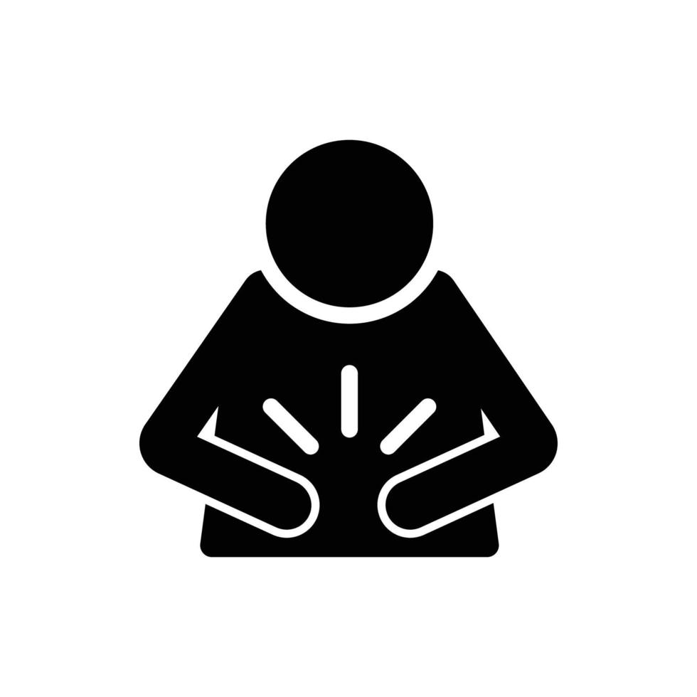 Indigestion glyph icon. Upset stomach. Stomachache. Digestive disorder. Irritable bowel. Stress symptoms. Diarrhea, bloating, nausea, abdominal pain. Silhouette symbol. Vector isolated illustration.