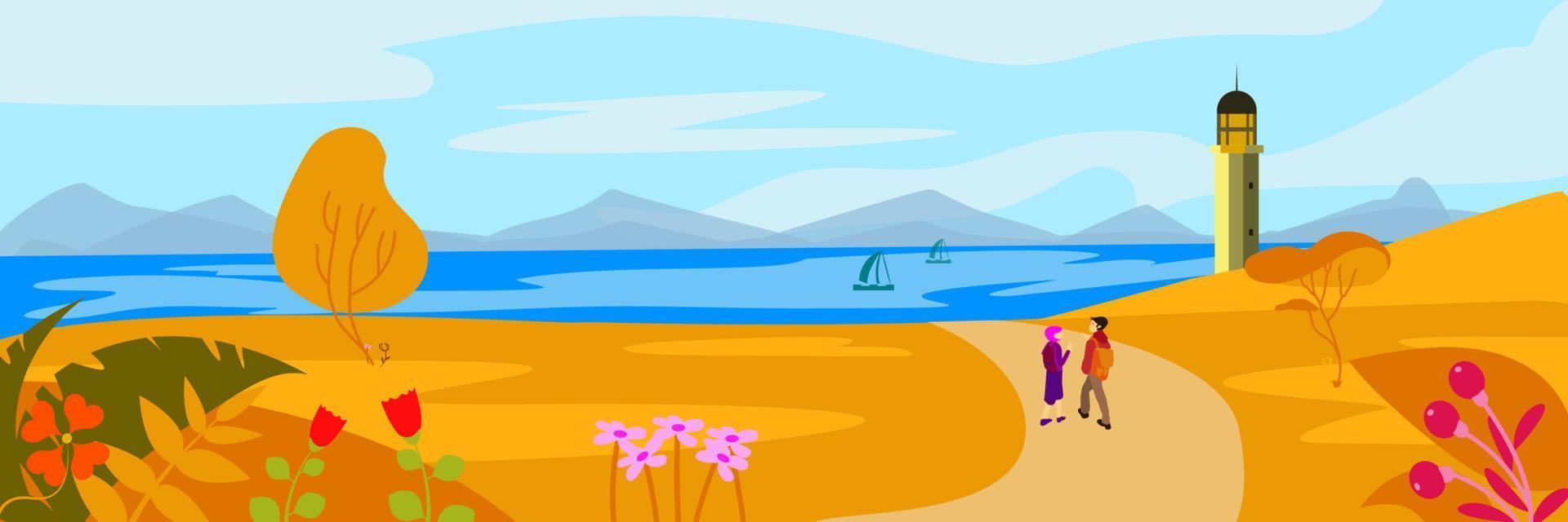 Autumn landscape vector concept with lighthouse on an island and yellow trees with boy and girl. Eps10 vector illustration
