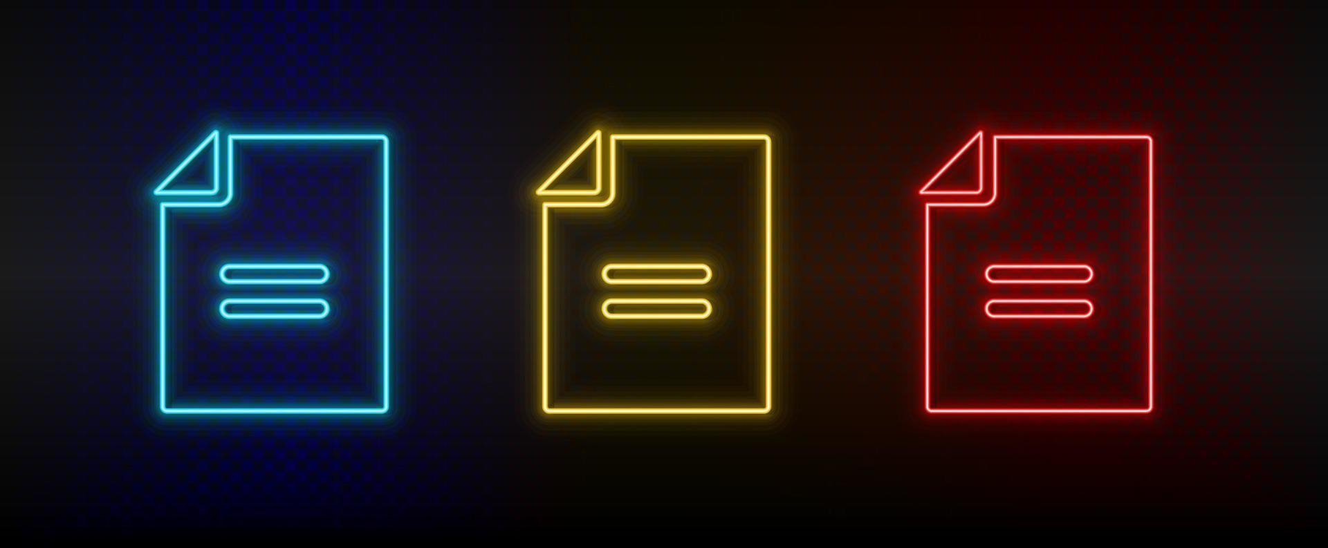 Neon icon set file, contract, application. Set of red, blue, yellow neon vector icon on dark transparent background