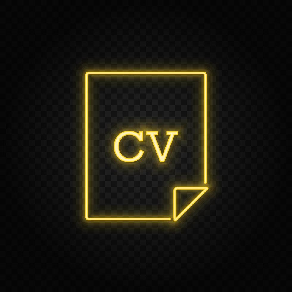 cv yellow neon icon .Transparent background. Yellow neon vector icon on dark background