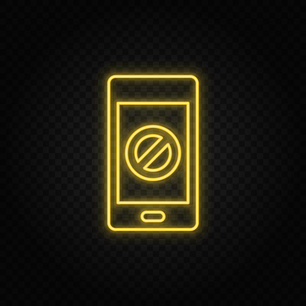 Yellow neon icon phone, block. Transparent background. Yellow neon vector icon on dark background