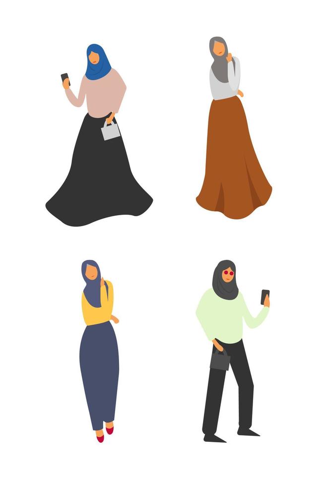 Muslim women set. Cute cartoon Arab girls in traditional dress. Businesswoman collection. vector