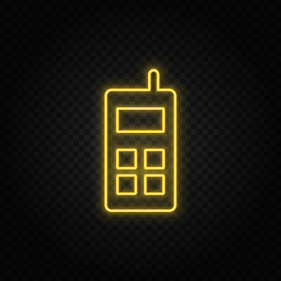 Yellow neon icon mobile. Transparent background. Yellow neon vector icon on dark background