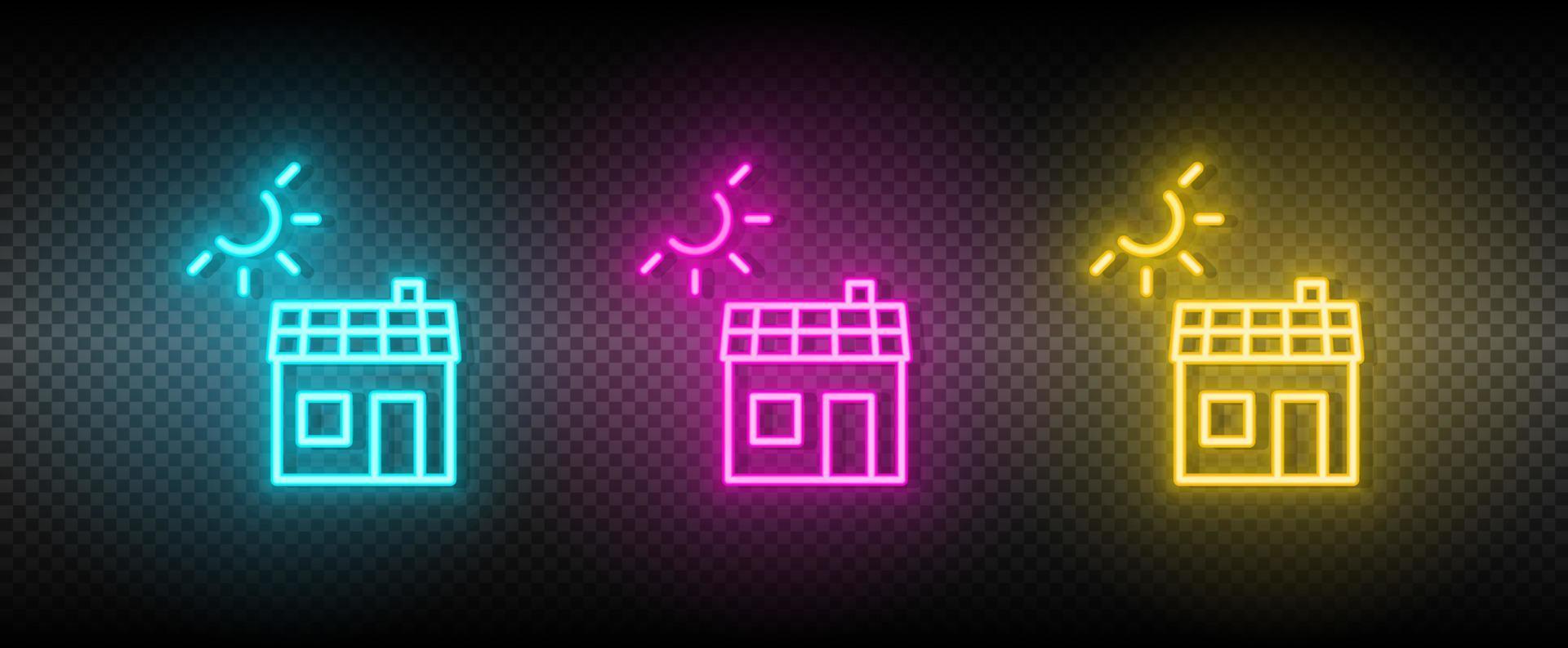 Real estate vector ecology, house, panel, solar. Illustration neon blue, yellow, red icon set