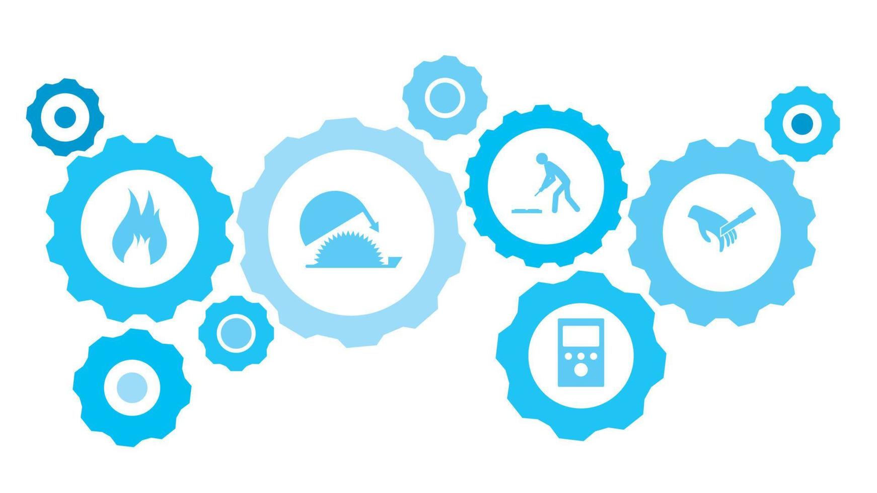 Connected gears and vector icons for logistic, service, shipping, distribution, transport, market, communicate concepts. workers, repair gear blue icon set icon on dark background