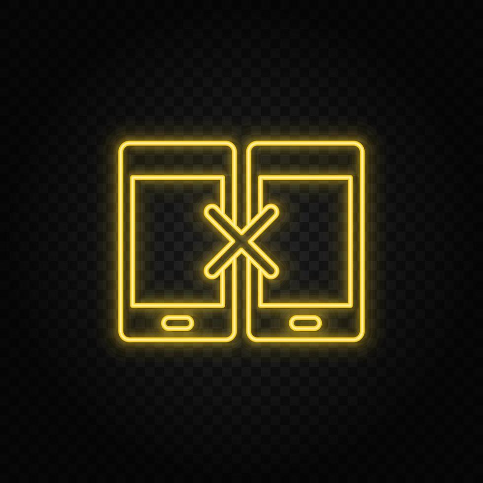 Yellow neon icon phone, sync, remove. Transparent background. Yellow neon vector icon on dark background
